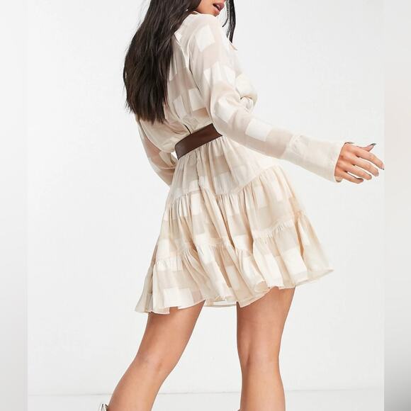 New ~ ASOS ~ Jacquard Check Plunge Neck Mini Dress With Belt 2 ~ ADORABLE - Picture 3 of 9